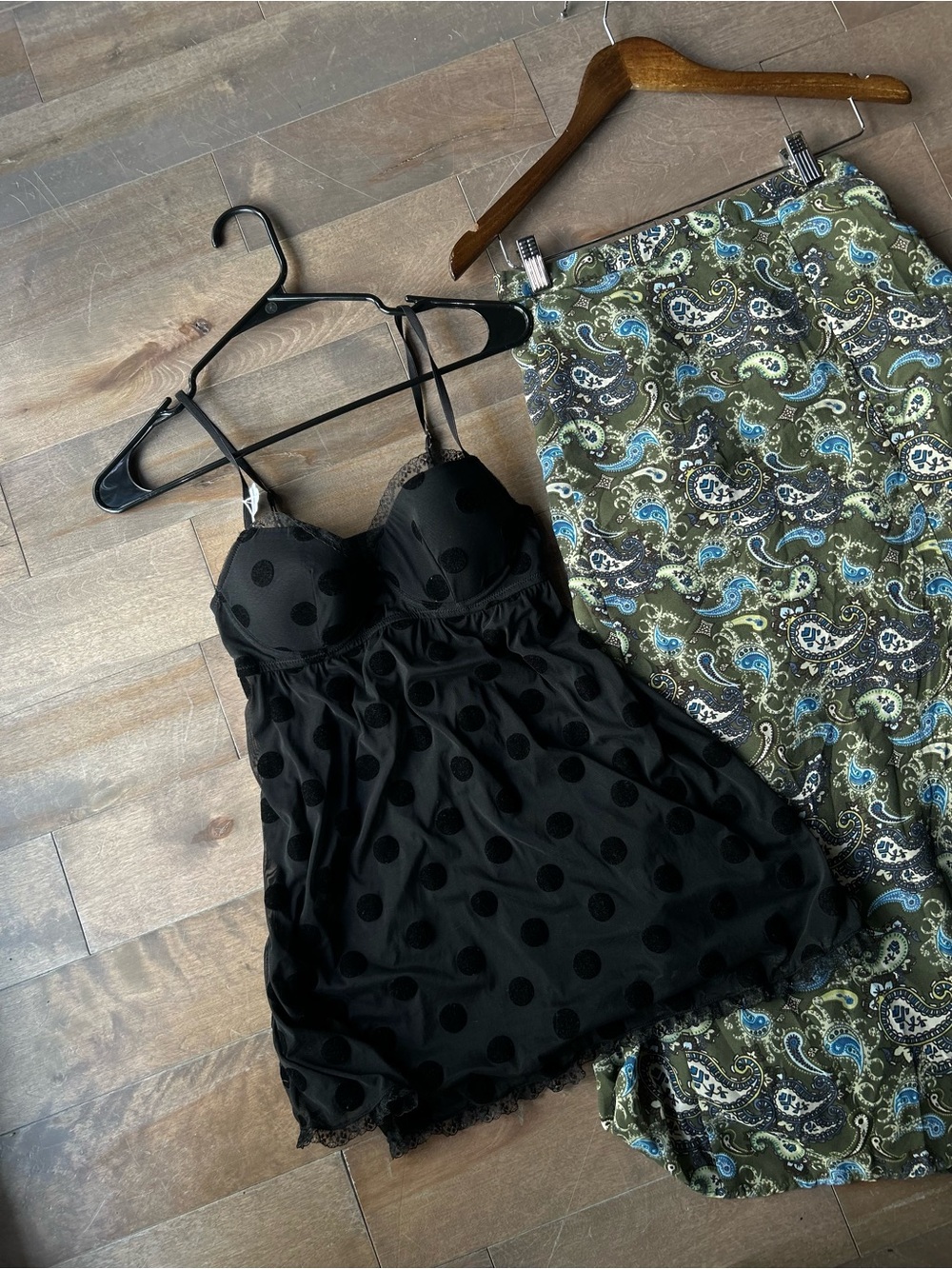 Black Polka Dot Lace-Trim Chemise with Adjustable Straps